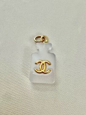 CHANEL Frosted Clear Perfume Bottle Charm with Gold CC Emblem